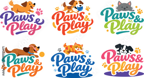 Seasonal holiday banner with promotional slogan presenting modern lettering logo set for Paws & Play, inspirational