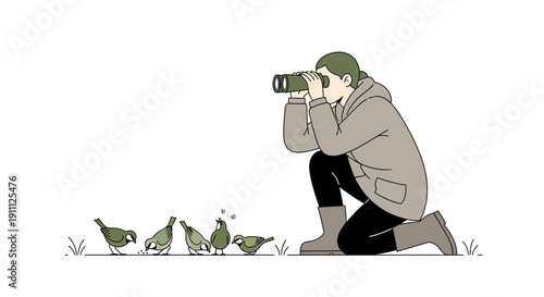 Observant Person Spotting Wildlife With Binoculars Amidst Small Birds