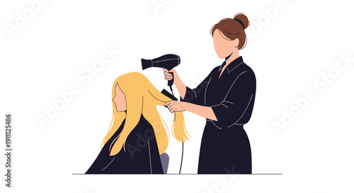 A female stylist is drying a customer's long blonde hair with a black blow dryer and a brush in a salon setting.
