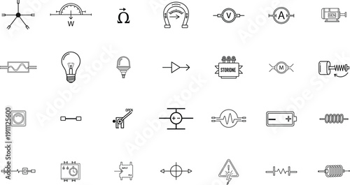 A collection of 25 small black and white icons or symbols on a white background possibly used for design or educational purposes