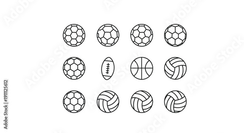 Twelve assorted sport ball icons displayed in three rows.