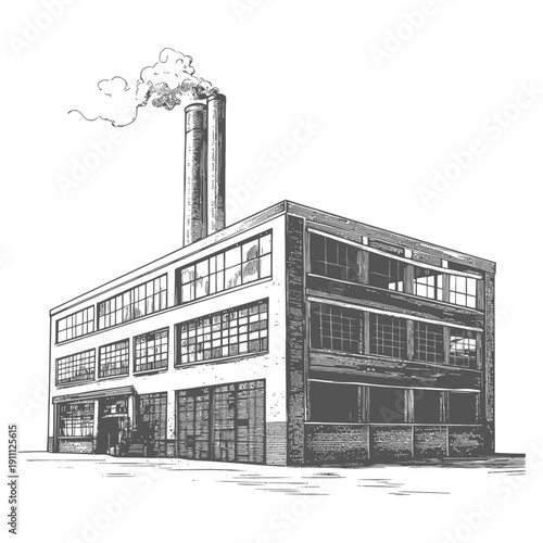 A vintage illustration depicts an industrial factory with smoke billowing