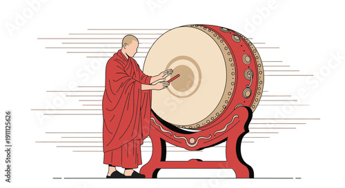 Monk Playing Large Drum Ritual Ceremony Cultural Illustration