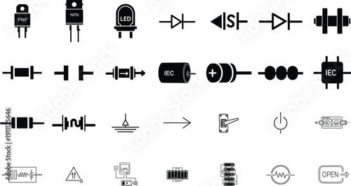 Electronic component symbols and diagrams . electronic, component, symbols, diagrams, circuit, electronics, engineering, schematic, design, electrical, components, resistor, capacitor, inductor on png