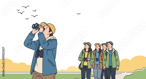 Outdoor Nature Adventure Group Spotting Birds With Binoculars