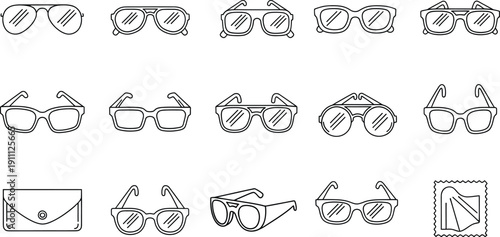 A collection of black and white line art icons depicting various styles of eyeglasses and sunglasses