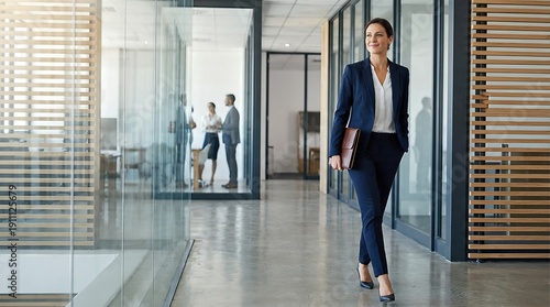 Businesswoman walking in office hallway, reflecting success and progress