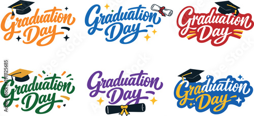 Graduation Day Banners. Thanksgiving dinner set illustration, hand drawn doodle elements set, center hand-lettered title, black &