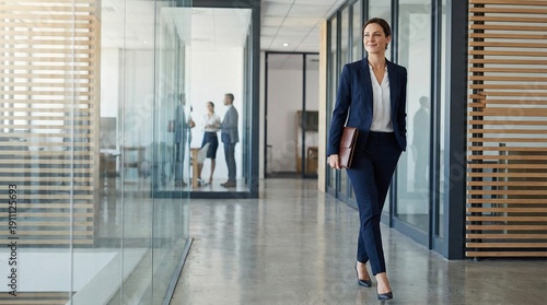 Successful businesswoman confidently walking in modern office hallway