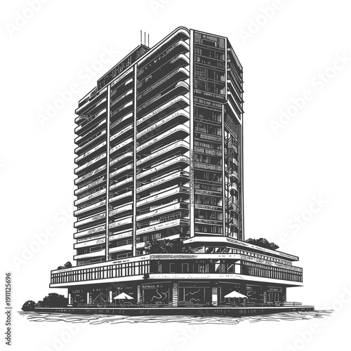 A tall modern building with numerous balconies and several floors
