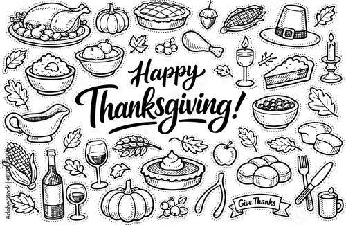 Wallpaper Mural Thanksgiving Dinner Doodles. Thanksgiving dinner set illustration, hand drawn doodle elements set, center hand-lettered title, Torontodigital.ca