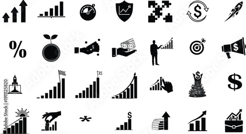 Collection of business and finance related icons  and symbols. money, percentage, target, shield, award, growth, increase, profit, loss, statistics, data, analysis on png
