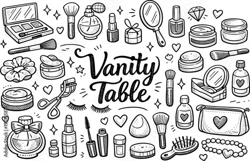 Cosmetic vanity table items, hand drawn doodle elements set, center hand-lettered title, black & white vector line art, bold