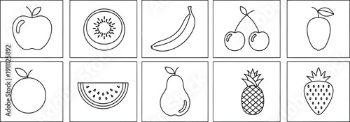 A collection of 10 black and white line art illustrations of various fruits in a grid layout