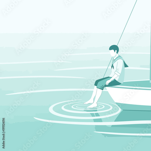 Nautical Dreamer Boy Contemplating Tranquil Waters While Sitting Aboard A Small Vessel