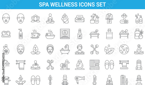 Spa wellness icons set, yoga meditation massage skincare sauna relaxation symbols, beauty therapy outline vector collection for health lifestyle design