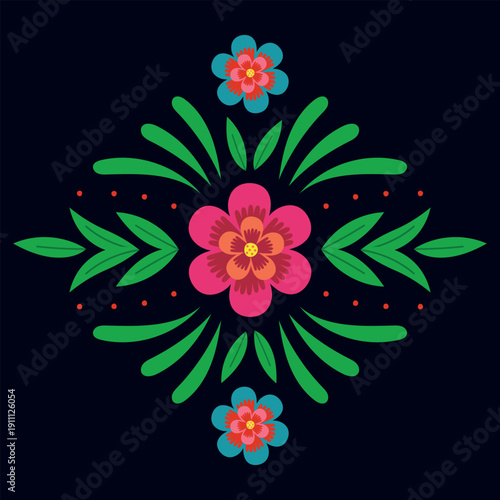 Colorful and symmetrical Mexican floral pattern. Traditional folk art. Vector illustration.