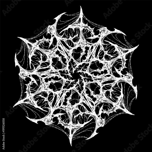 Intricate trendy cyber sigilism mandala with spider web texture. Dark aesthetic vector illustration for gothic streetwear, techno music covers, and edgy tattoo design. Isolated on black background