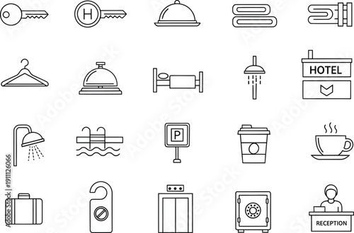 A collection of hand-drawn line icons representing hotel services and amenities on a white background