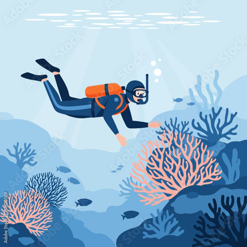 Ocean Exploration Underwater Dive With Coral Reef And Fish Discovering Marine Life