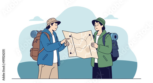 Navigating Adventure Two Hikers Study a Detailed Map Together