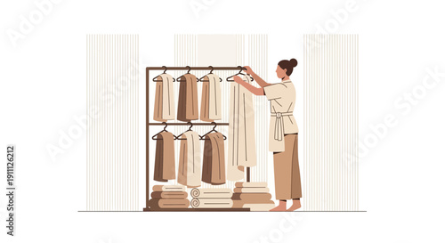 Organizing Towels And Linens On A Rack A Woman Arranges Fabric For Spa And Hygiene