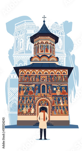 Ornate Religious Edifice With Intricate Murals And A Solitary Observer