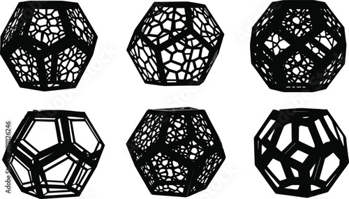 Abstract geometric shapes set with intricate patterns. Complex polyhedra vector illustration for design and technology concepts.