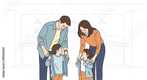 Parental Care Family Dressing Children In A Retail Environment