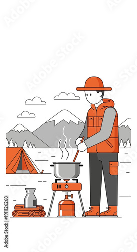 Outdoor Adventure Cooking Scene With Tent And Mountains In Background
