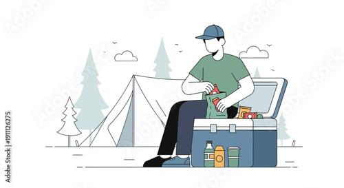 Outdoor Adventure Camping Preparedness with Cooler Bag and Tent Illustration