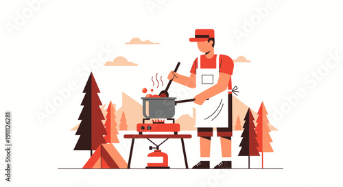 Outdoor Adventure Cooking Scene Rustic Forest Meal Preparation