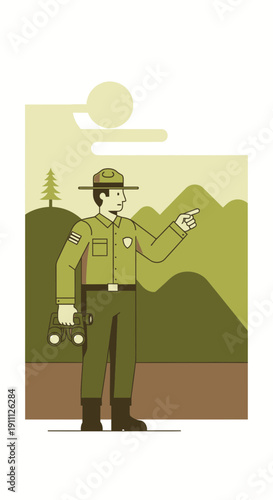 Park Ranger Directing Visitors In Scenic Mountain Landscape With Binoculars
