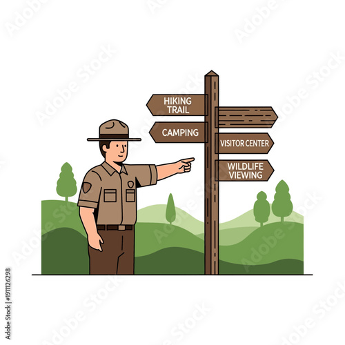 Park Ranger Directing Visitors At Scenic Trailhead Signpost