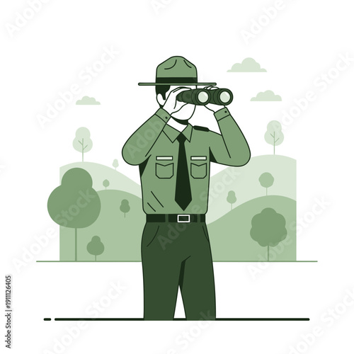 Park Ranger Observing Distant Wildlife Through Binoculars Outdoors
