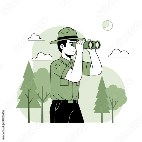 Park Ranger Observing Wildlife Through Binoculars in Nature Scenic View