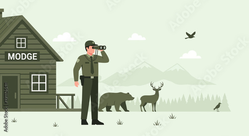 Park Ranger Observing Wildlife From Cabin Near Forested Mountains And Meadow