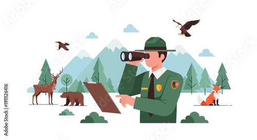 Park Ranger Observing Wildlife With Binoculars In A Forested Mountain Landscape