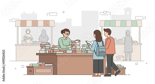 Outdoor Bookstall Scene With Customers Browsing