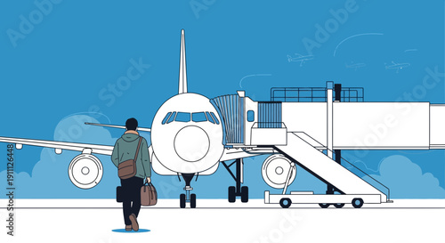 Passenger Approaching Airplane Via Jet Bridge Travel Destination Departure Ready To Fly