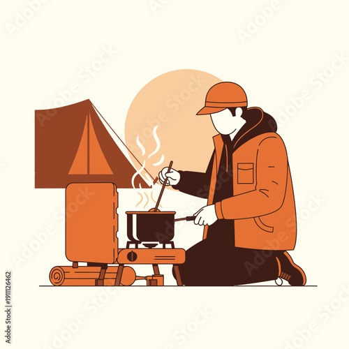 Outdoor Cooking Adventure Preparing Meal At Campsite With Tent And Stove