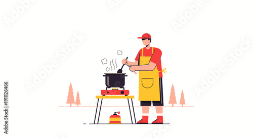 Outdoor Chef Prepares Meal Over Portable Stove Minimalist Style
