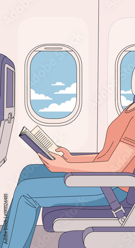 Passenger Enjoying A Book While Flying In An Airplane Seat With A Window View