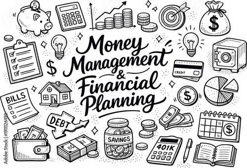 Money Management Art. Money management financial planning, hand drawn doodle elements set, center hand-lettered title, black &