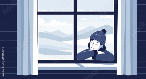 Peaceful Contemplation Winter Landscape Girl Window View
