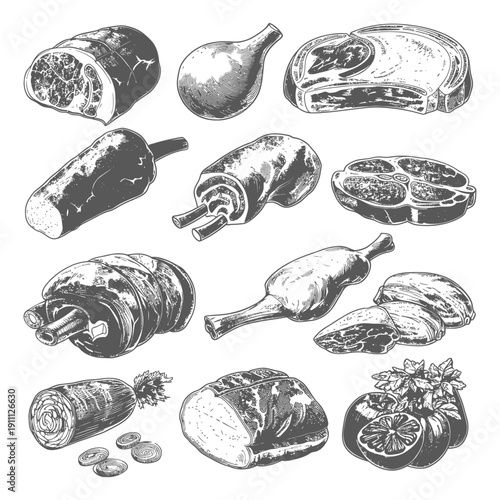 Various cuts of raw meats and citrus fruit are displayed here