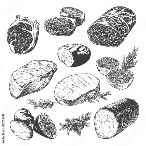 Assorted cuts of fresh meat and accompanying food items