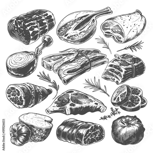 Illustrations depicting various cuts of fresh uncooked meat products