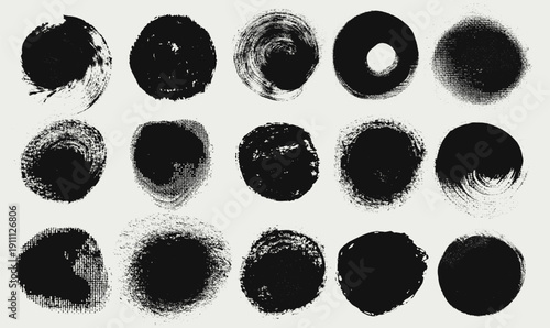 Circle grunge stamps and seals set with hand drawn rough round shapes. Black sun symbols, brush stroke circles and dots inspired by Japanese and Chinese calligraphy. Vector elements isolated on white.