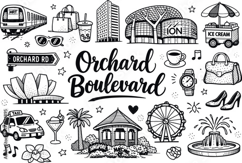 Orchard Boulevard iconic icons, hand drawn doodle elements set, center hand-lettered title, black & white vector line art, bold